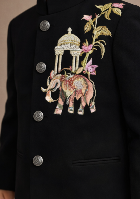 Pre Order: Black Ethnic Embroidered Sherwani With Black Pants