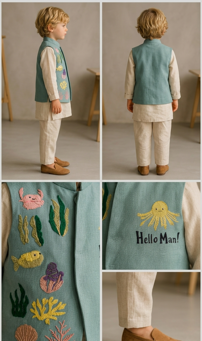 Pre Order: Little Sailor Embroidered Sherwani And Pant