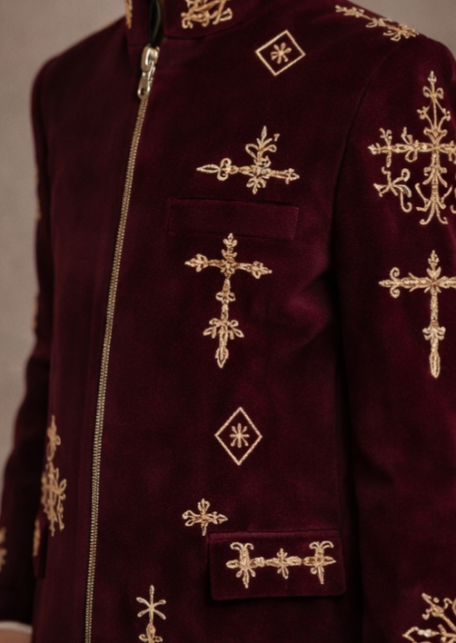 Pre Order: Maroon Majesty Embroidered Sherwani And Pant