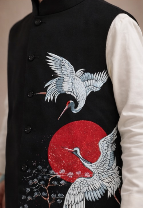 Pre Order: Rising Sun Crane Kurta Set With Jacket