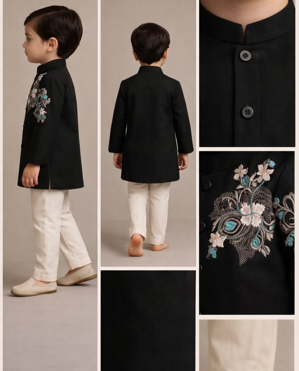 Pre Order: Black Beautiful Embroidered Sherwani With Cream White Pyjama