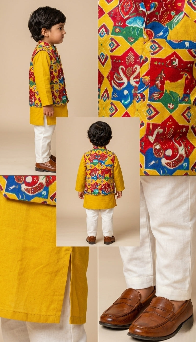 Pre Order: Ethnic Kurta With Pocket Detail Printed Jacket And Pyjama