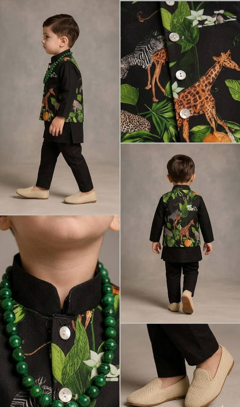 Pre Order: Black Kurta With Safari Printed Jacket And Pyjama