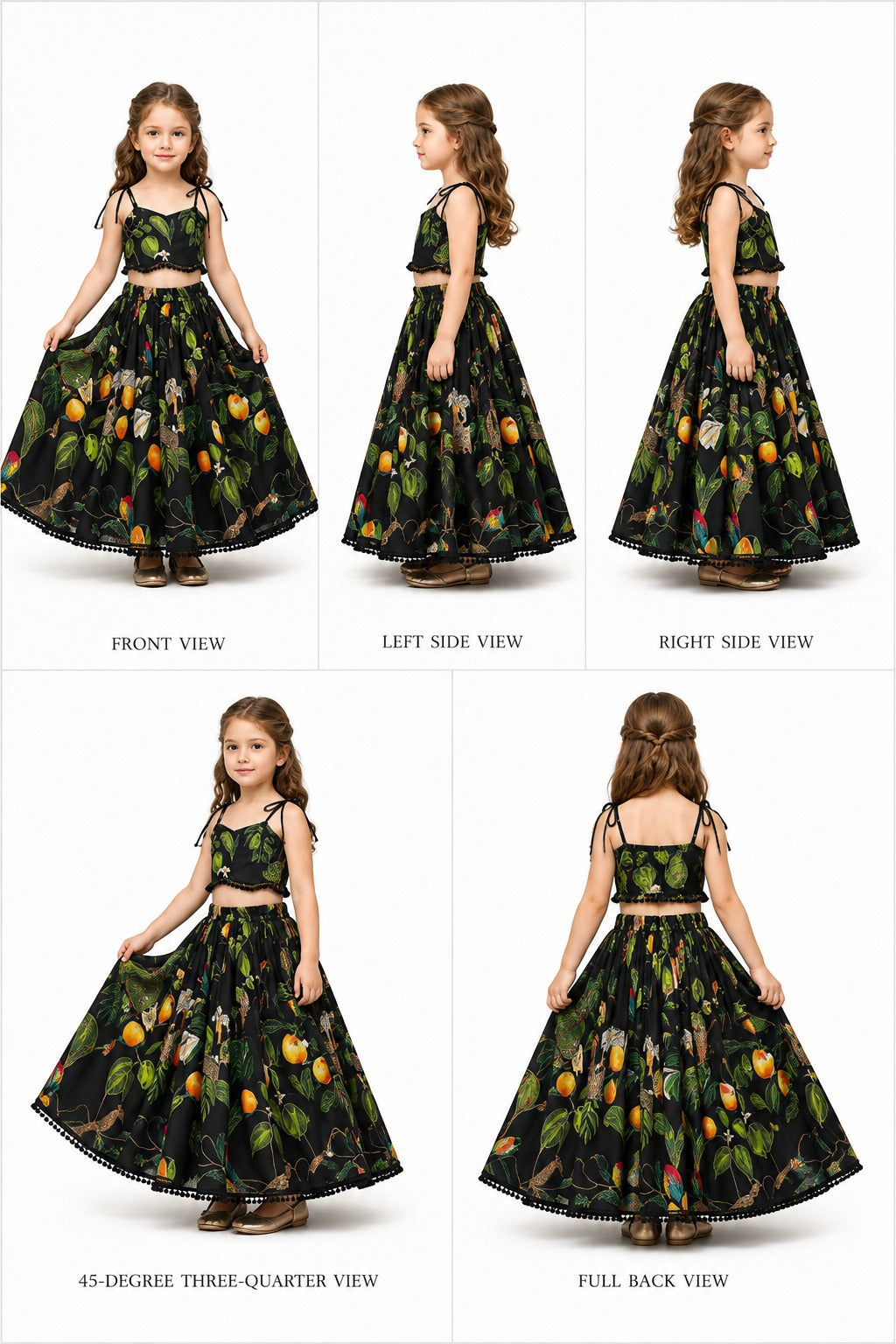 Pre Order: Black Tropical Print Strappy Top With Lehenga