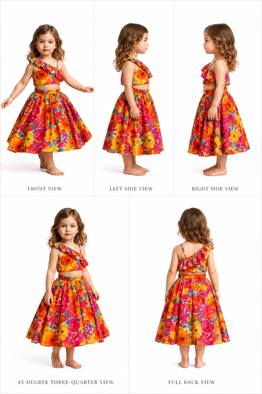 Pre Order: Multicolour Printed One Shoulder Top And Flared Lehenga