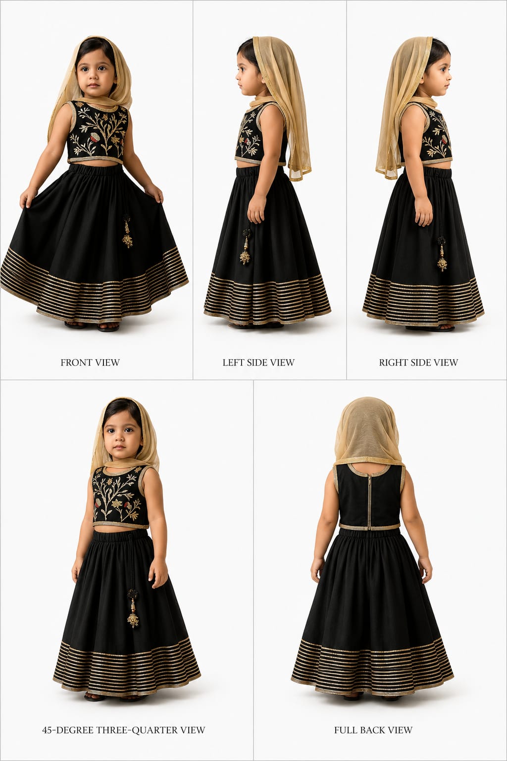 Pre Order: Elegant Pleated Black Top And Gota Lace Work Flared Lehenga With Beige Dupatta