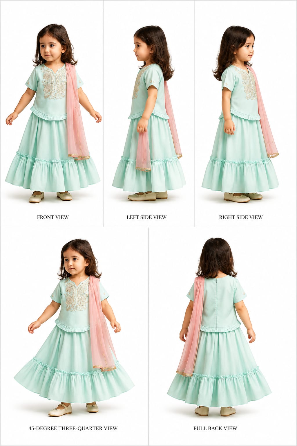 Pre Order: Curved Hem Green Top And Lehenga With Peach Organza Dupatta