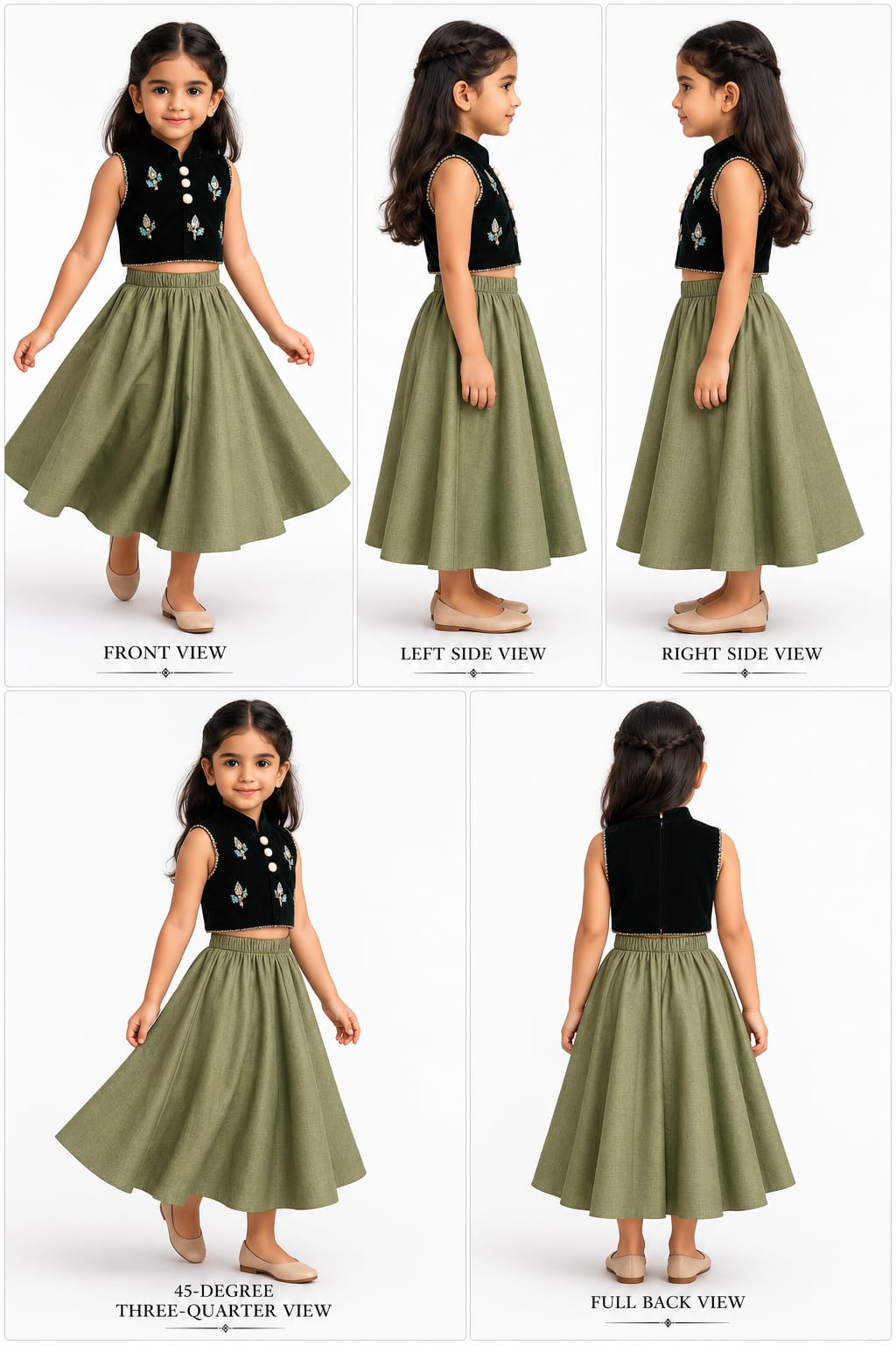 Pre Order: Embroidered Velvet Green Top And Lehenga
