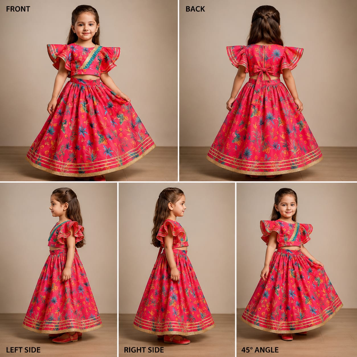Pre Order: Printed Gota Work Frill Top And Lehenga