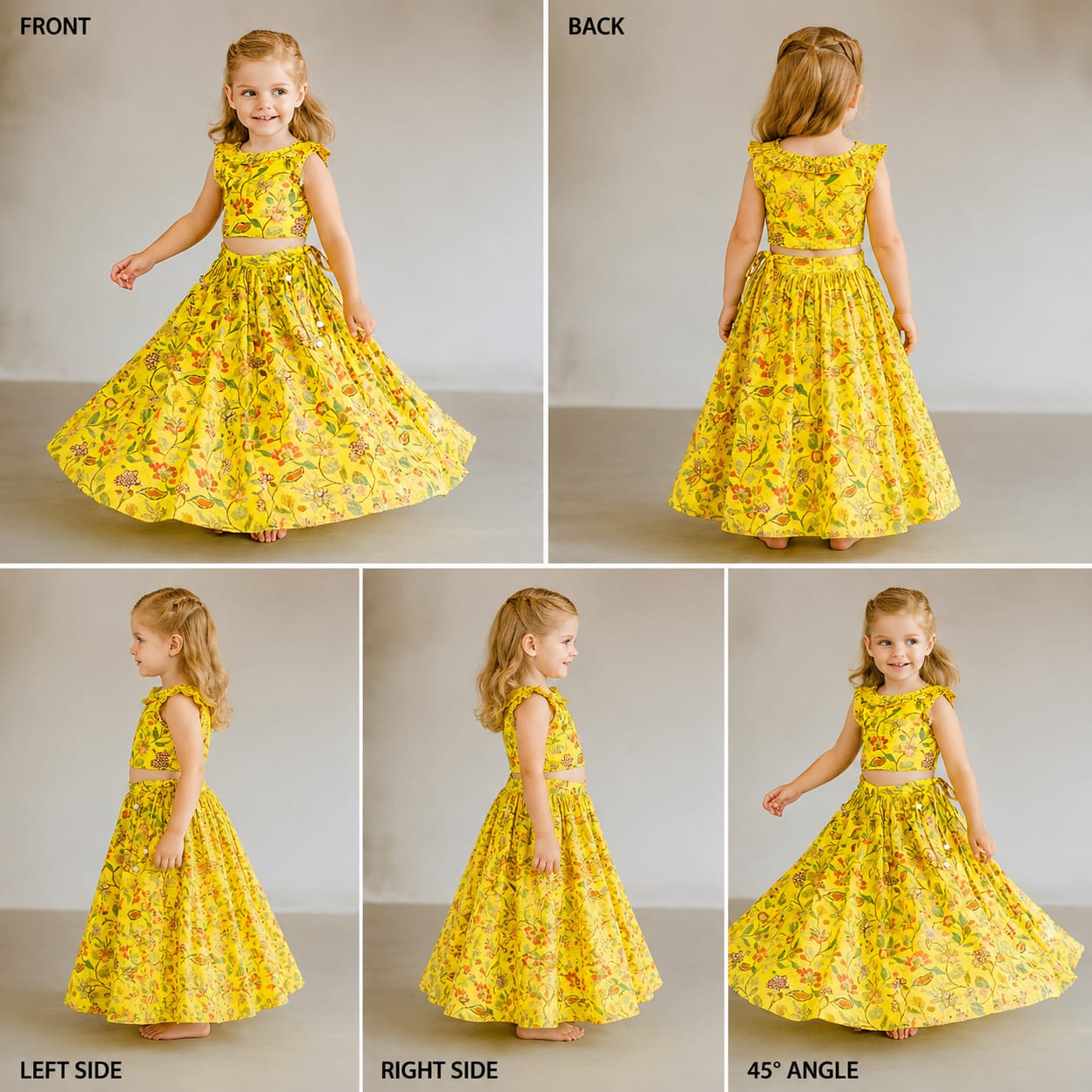 Pre Order: Printed Flower Frill Top And Pleated Lehenga