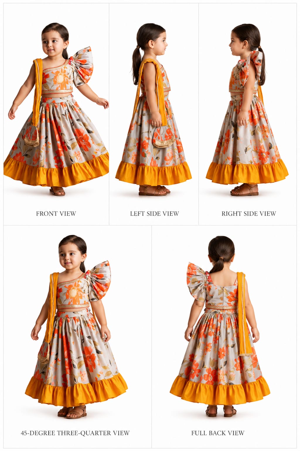 Pre Order: Multicolour Floral Printed One Shoulder Top And Lehenga With Attached Dupatta