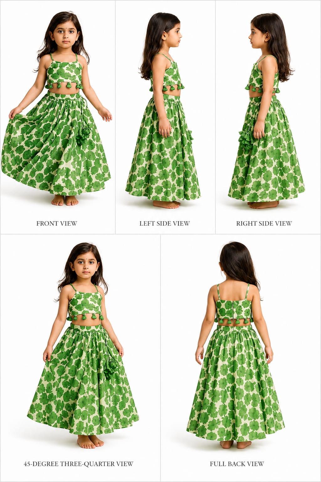 Pre Order: Green Printed Strappy Crop Top With Lehenga