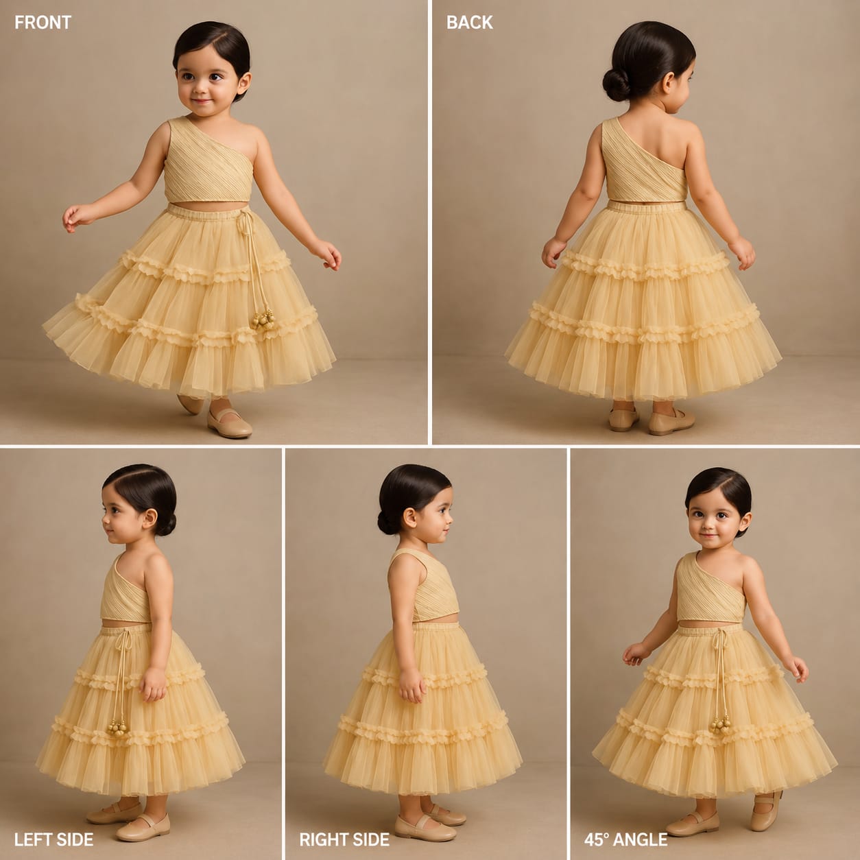 Pre Order: Elegant Beige Lace Work One Shoulder Top And Ruffle Lehenga