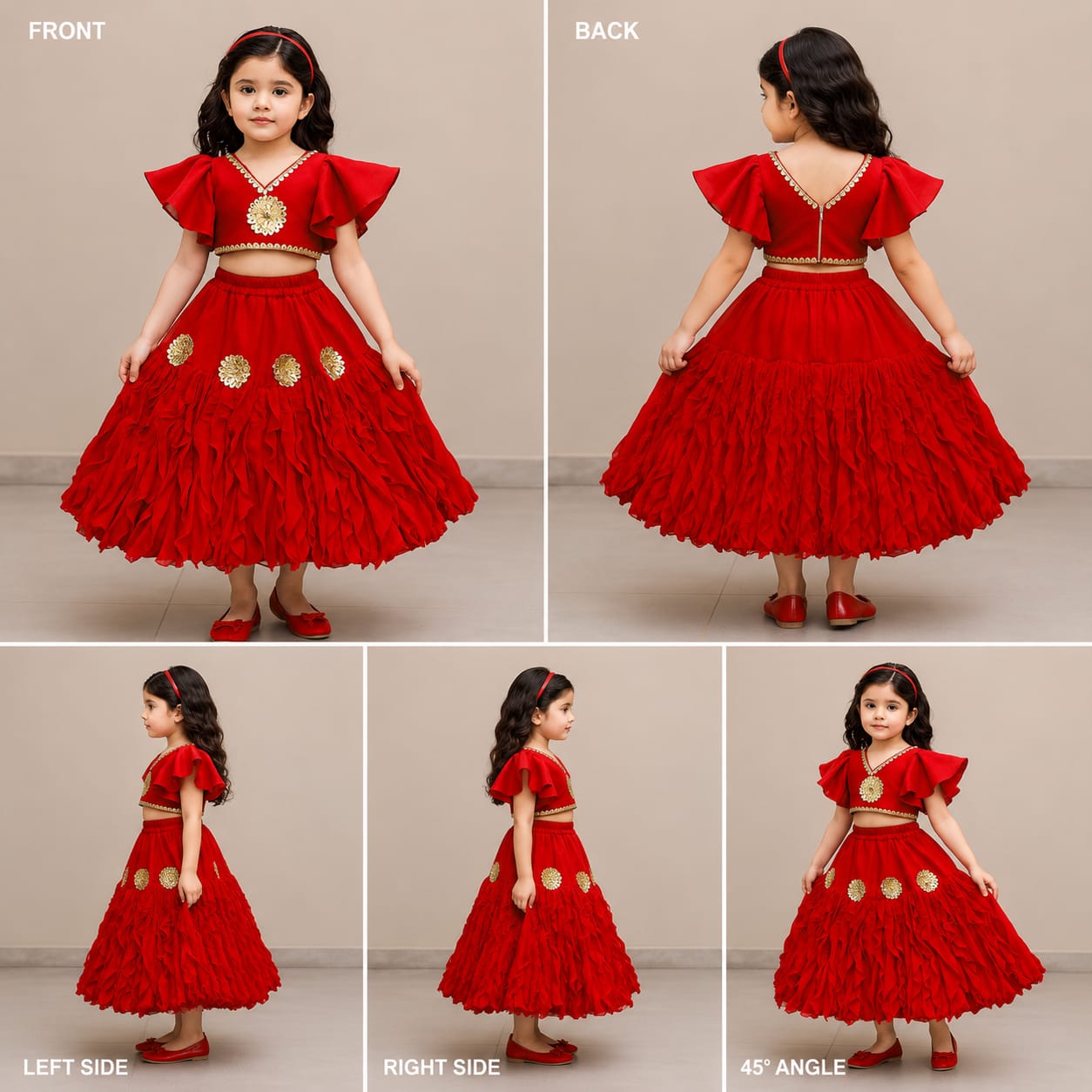 Pre Order: Frilly Sleeves V Neck Layered Drape Top And Stylish Lehenga