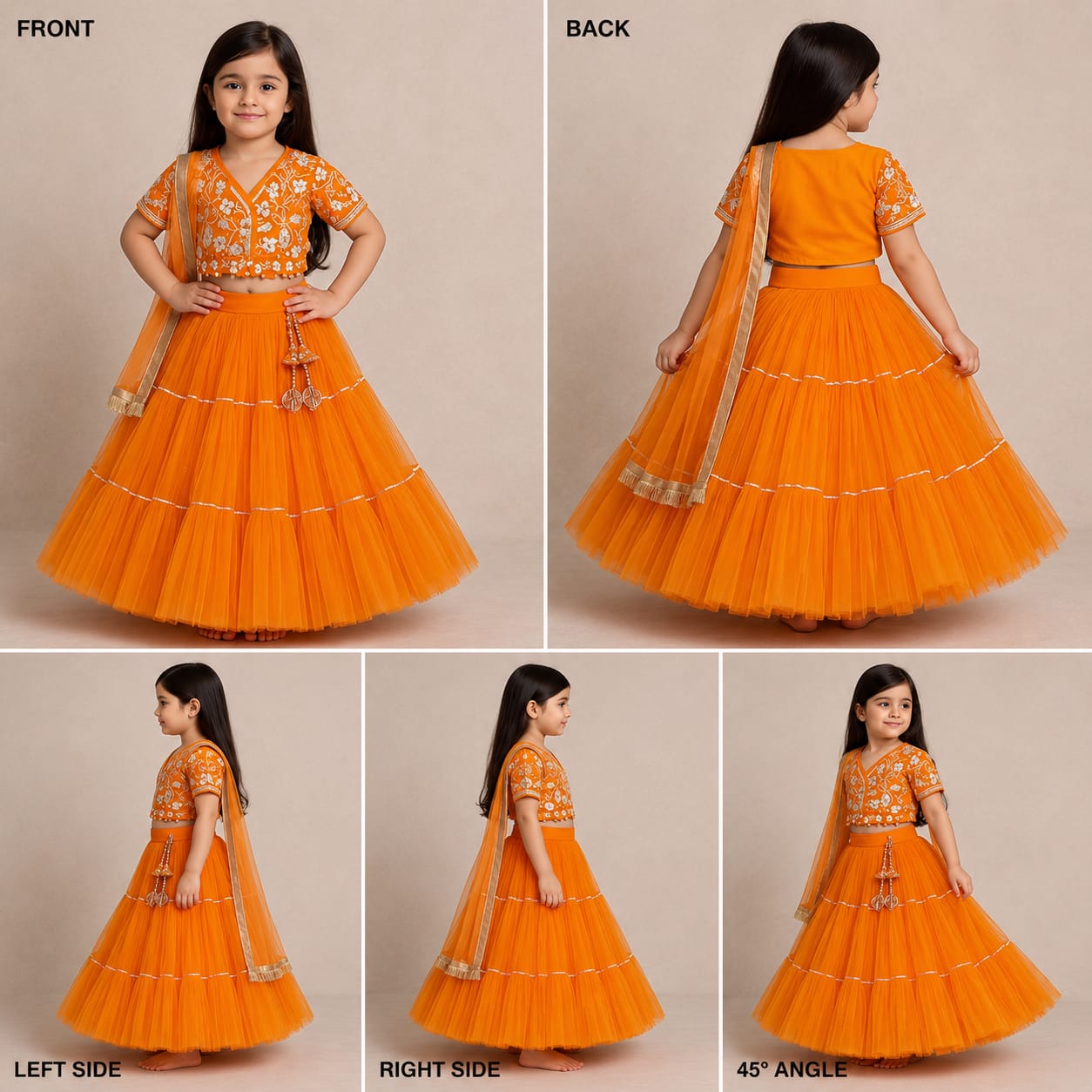 Pre Order: Front Open Embroidered Orange Top And Tiered Net Lehenga With Fringes Dupatta