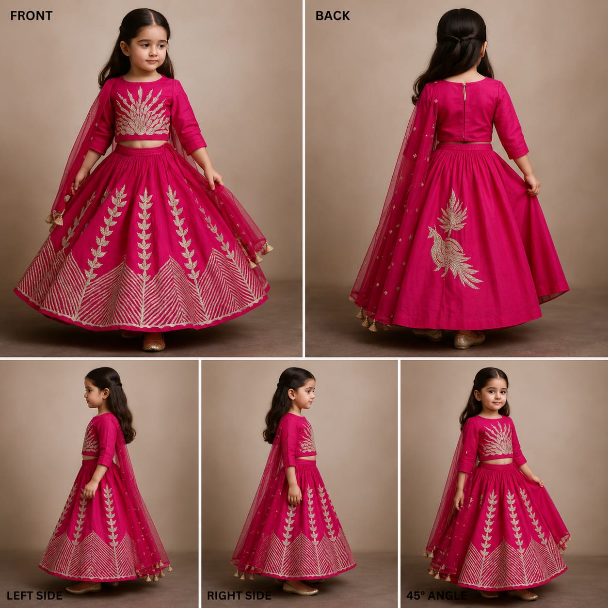 Pre Order: Pleated Neckline Pink Gota Work Top And Scalloped Hem Lehenga With Organza Dupatta