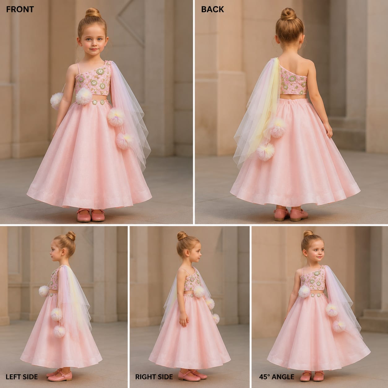 Pre Order: Floral Embroidered One Shoulder Pink Drape Top And Lehenga