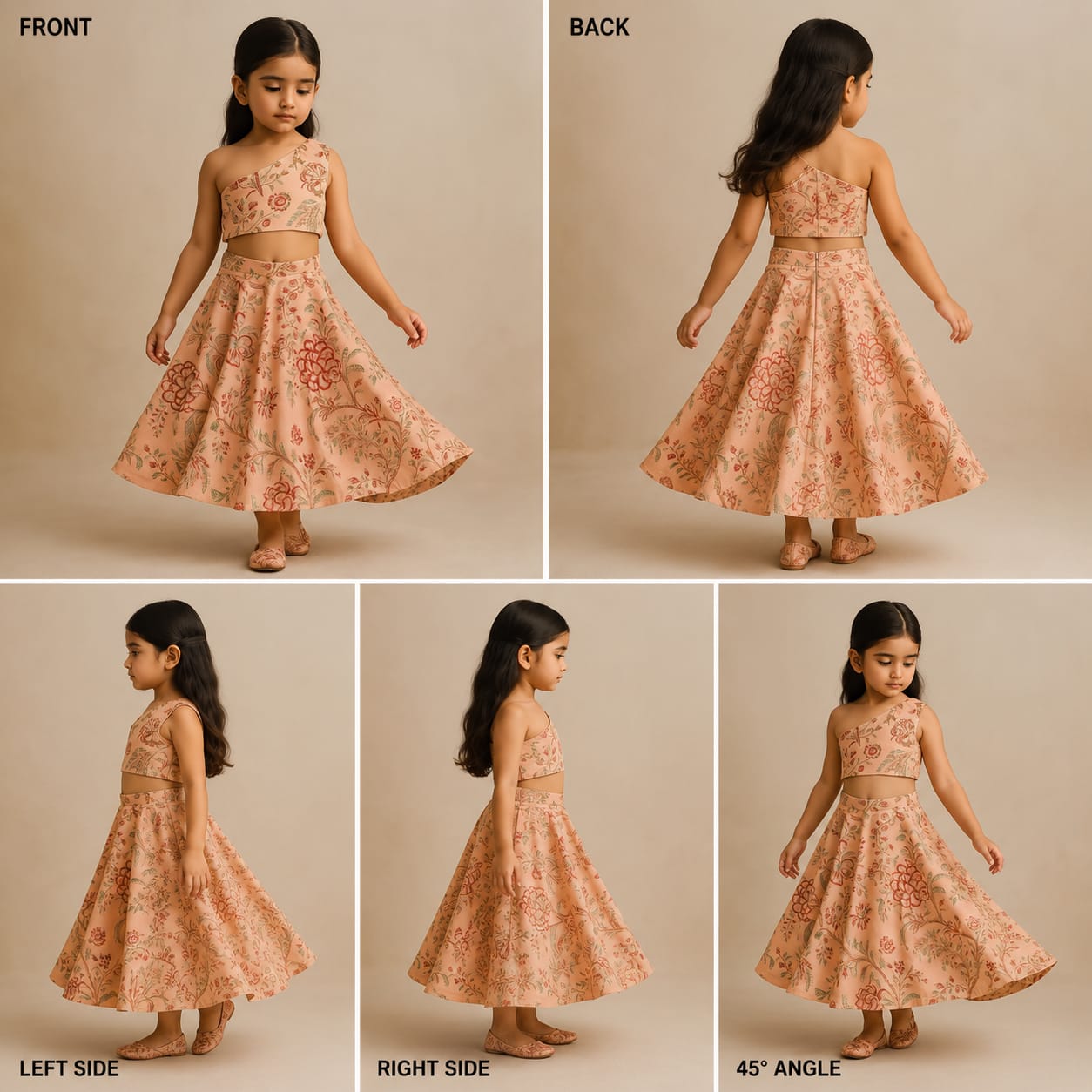One Shoulder Embroidered Peach Top And Printed Lehenga