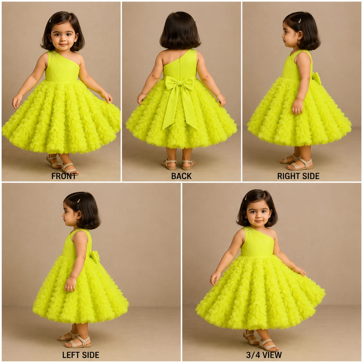 Pleated Yoke Lime Green Ruffled Bottom Gown