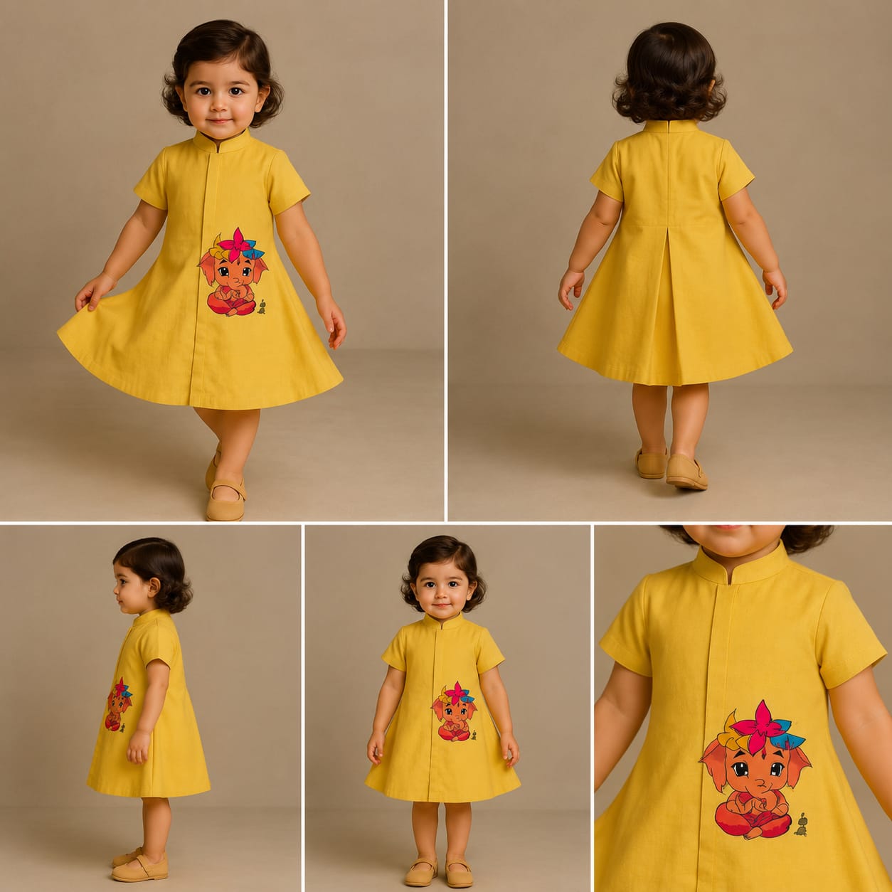 Pre Order: Cute Ganesh Hand Painted Yellow Dress