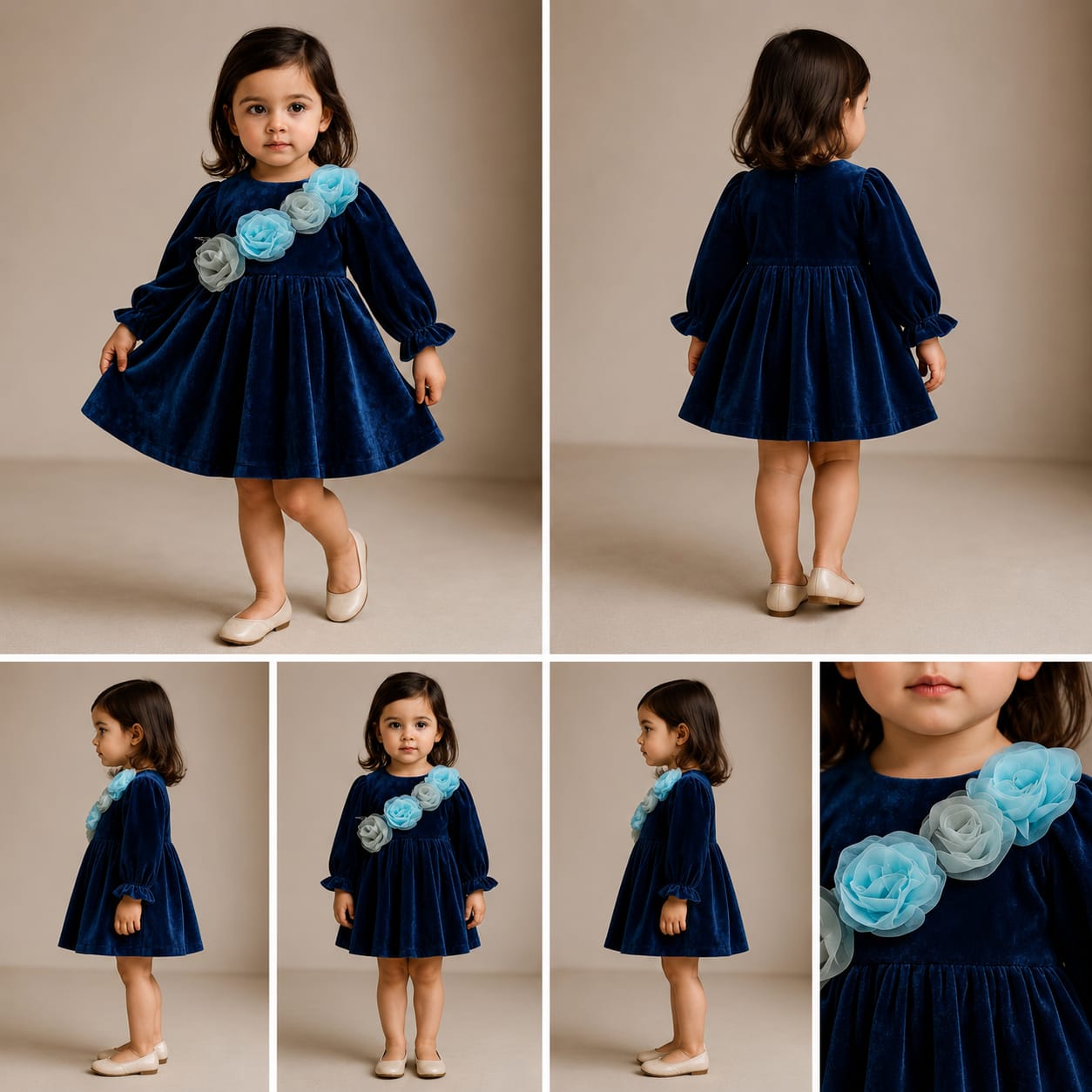 Pre Order: Organza Flowers Adorned Navy Blue Velvet Dress