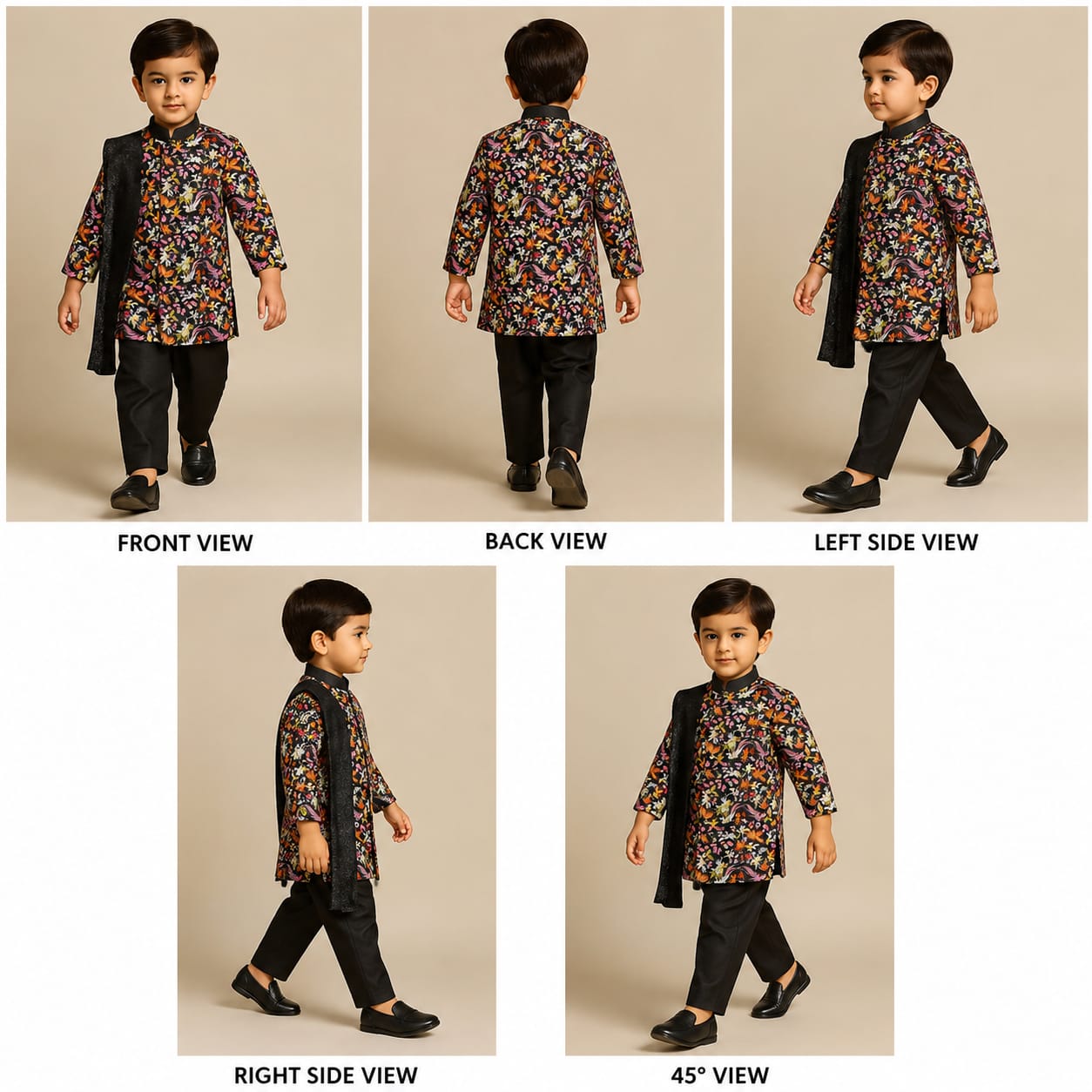 Pre Order: Black Multicolour Printed Sherwani And Salwar With Shawl