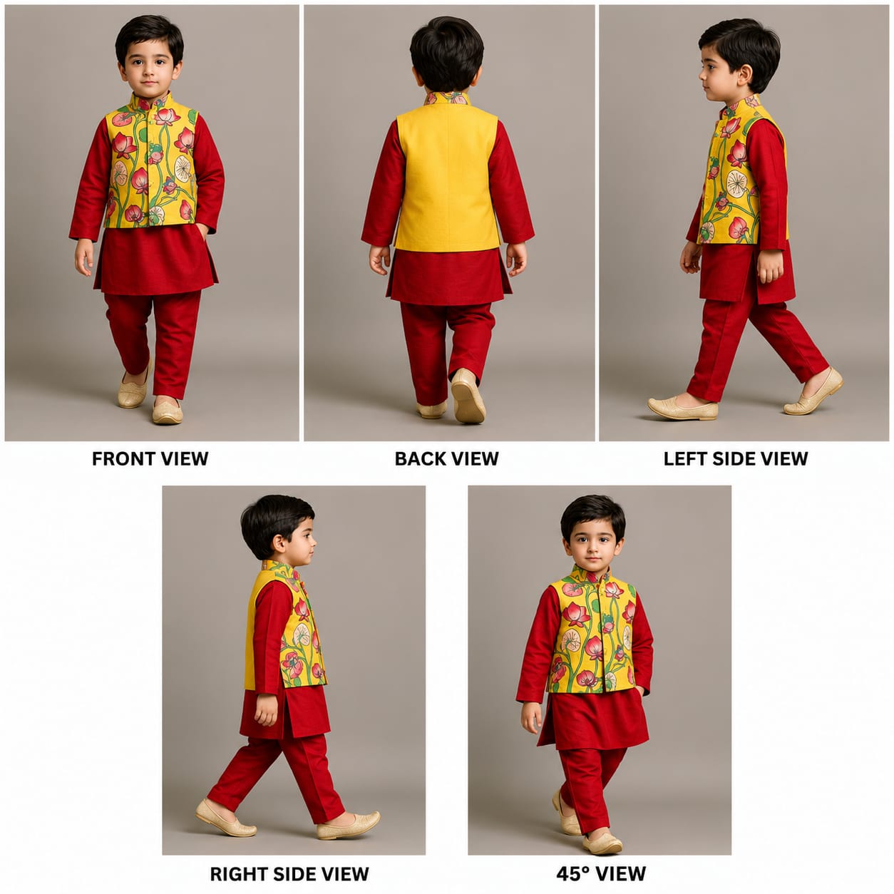 Pre Order: Red Silk Kurta With Multicolour Floral Printed Silk Jacket And Pyjama