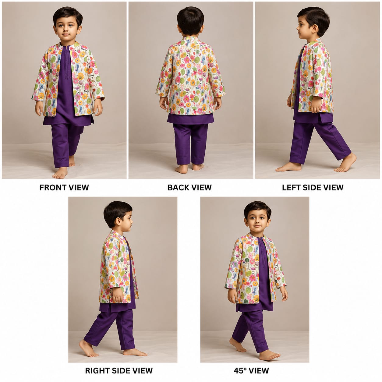 Pre Order: Pocket Detailed Purple Kurta With Colorful Open Jacket And Pyjama