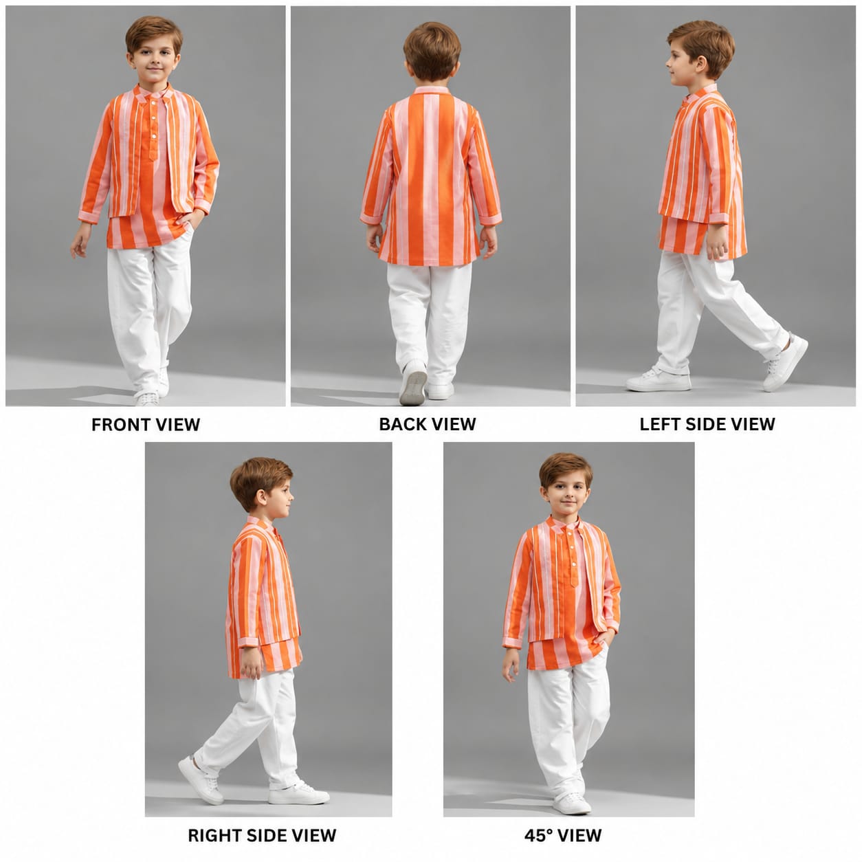 Pink And Orange Striped Kurta With Matching Jacket And Off White Pyjama