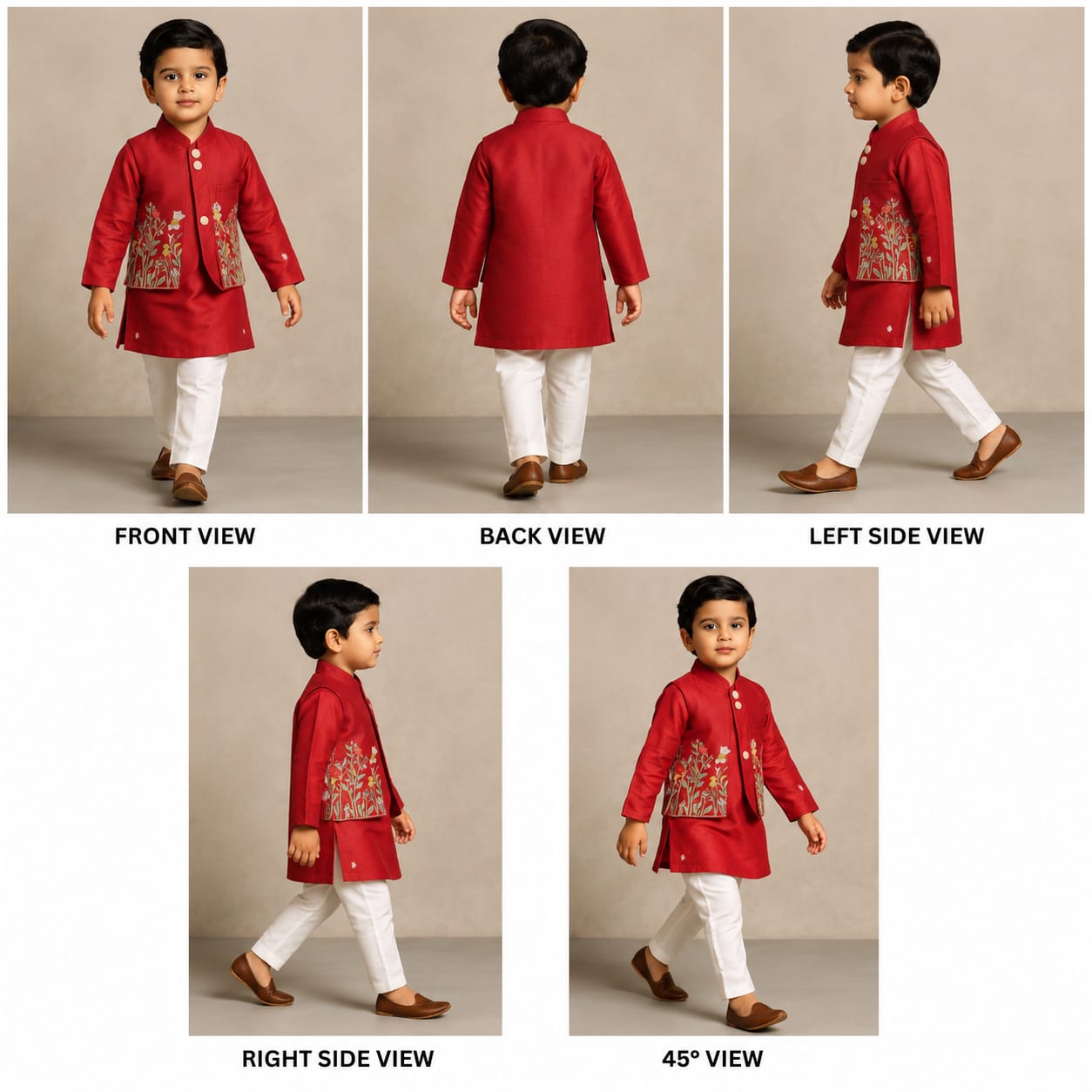 Pre Order: Red Kurta With Front Open Floral Embroidered Jacket And Pyjama