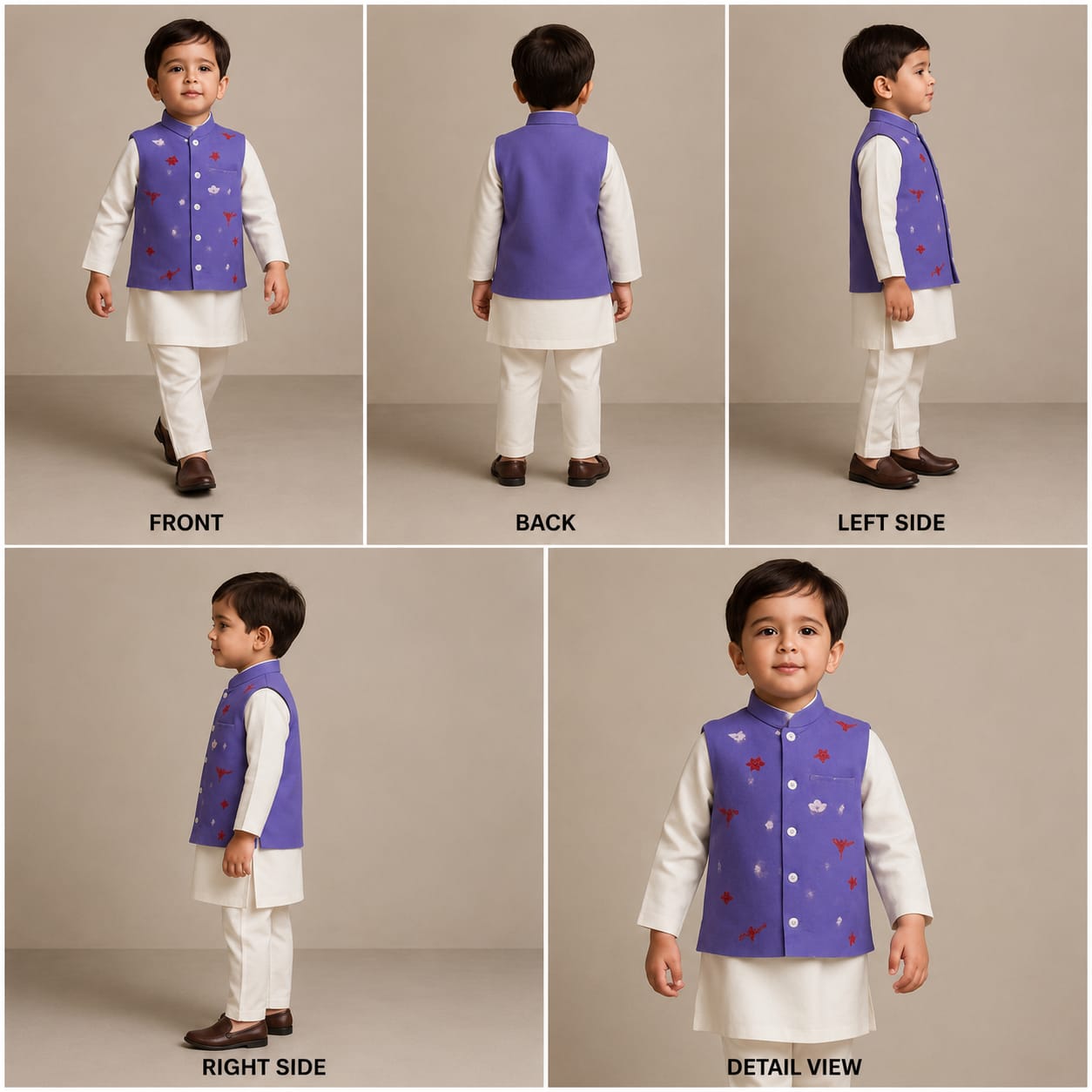 Pre Order: Cream Kurta With Purple Embroidered Jacket And Pyjama