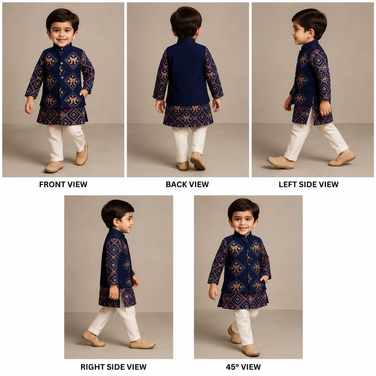 RTD Pre Order: Blue Patola Printed Kurta With Front Open Jacket And Pyjama