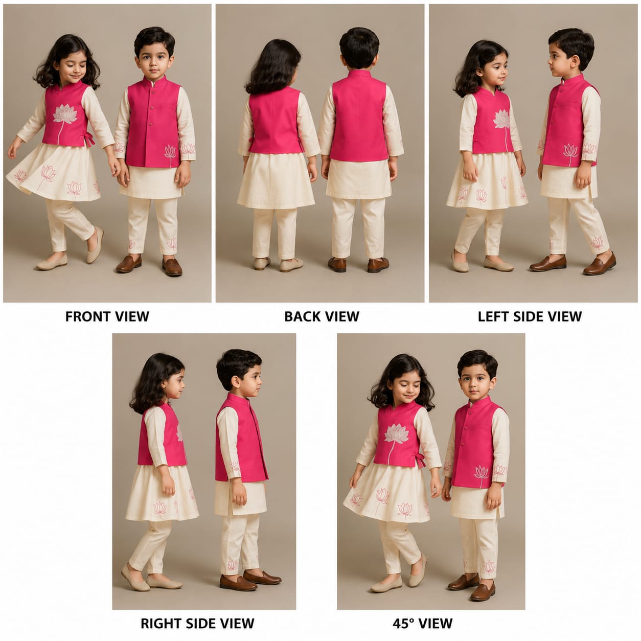 (Boy) Pre Order: Lotus Embroidered Kurta With Pink Jacket And Churidar