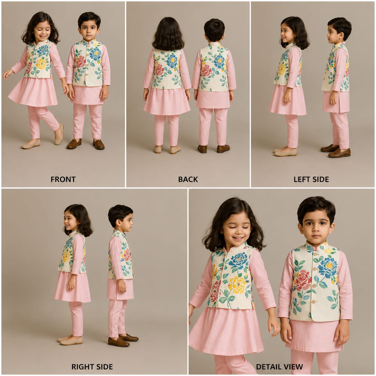 (Boy) Pre Order: Pink Kurta With Floral Printed Jacket And Pyjama