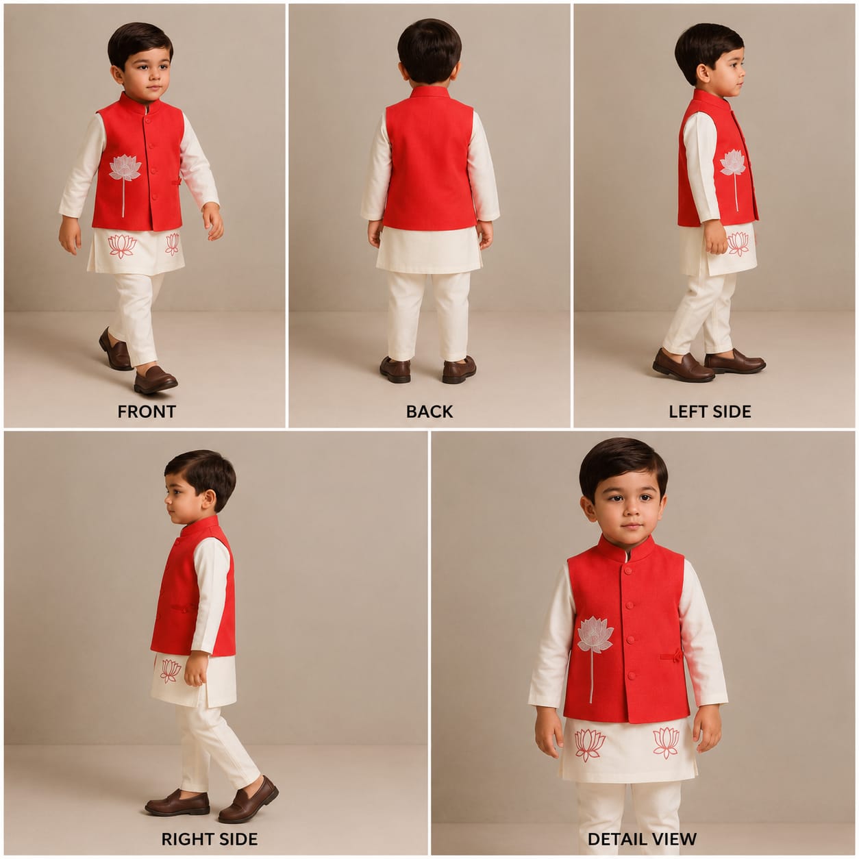 Pre Order: Lotus Embroidered Kurta With Red Jacket And Churidar