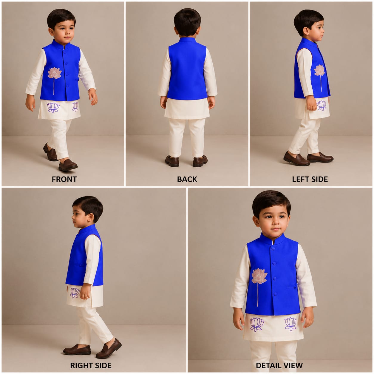 Pre Order: Lotus Embroidered Kurta With Blue Jacket And Churidar