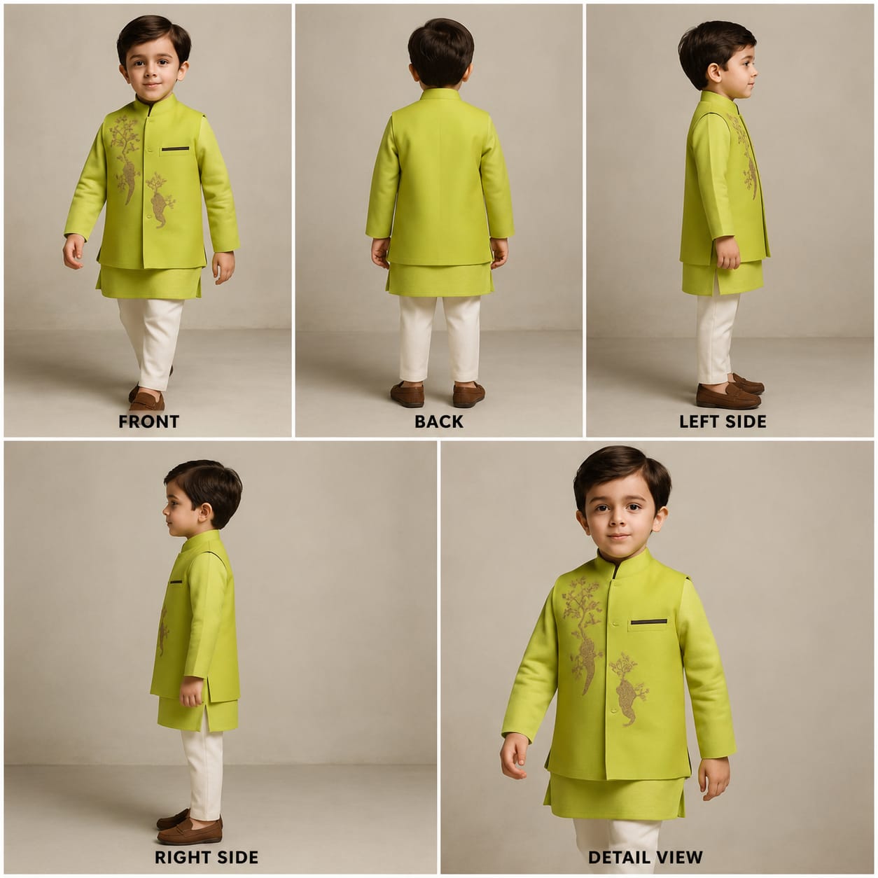 Pre Order: Green Kurta With Bird Embroidered Jacket And Pyjama