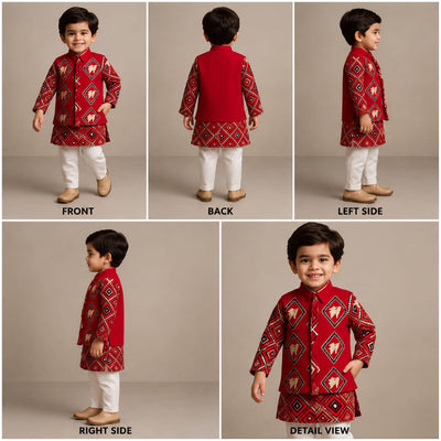 RTD Pre Order: Red Patola Printed Kurta With Front Open Jacket And Pyjama