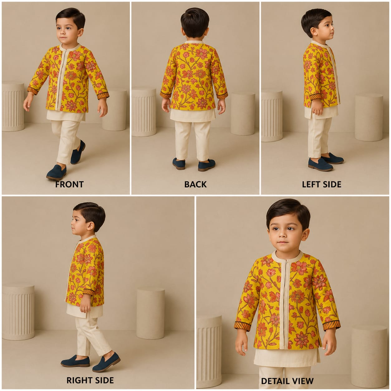 Loop Buttons Detail Kurta With Yellow Open Jacket And Pyjama