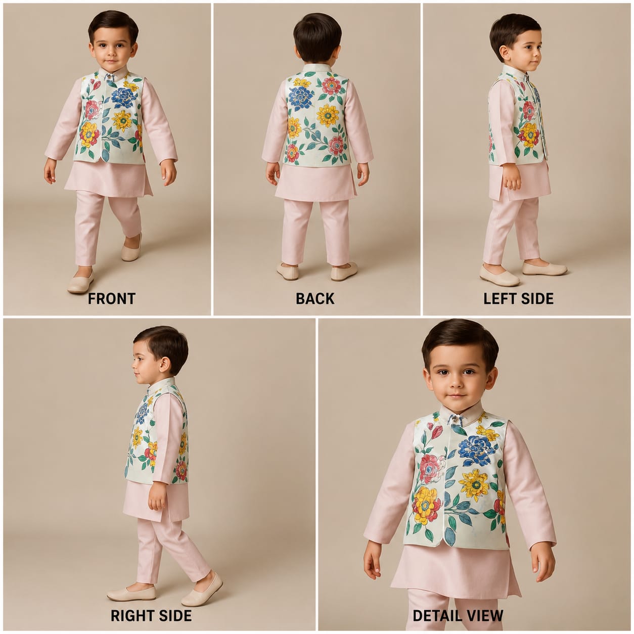 Pre Order: Pink Kurta With Floral Printed Jacket And Pyjama