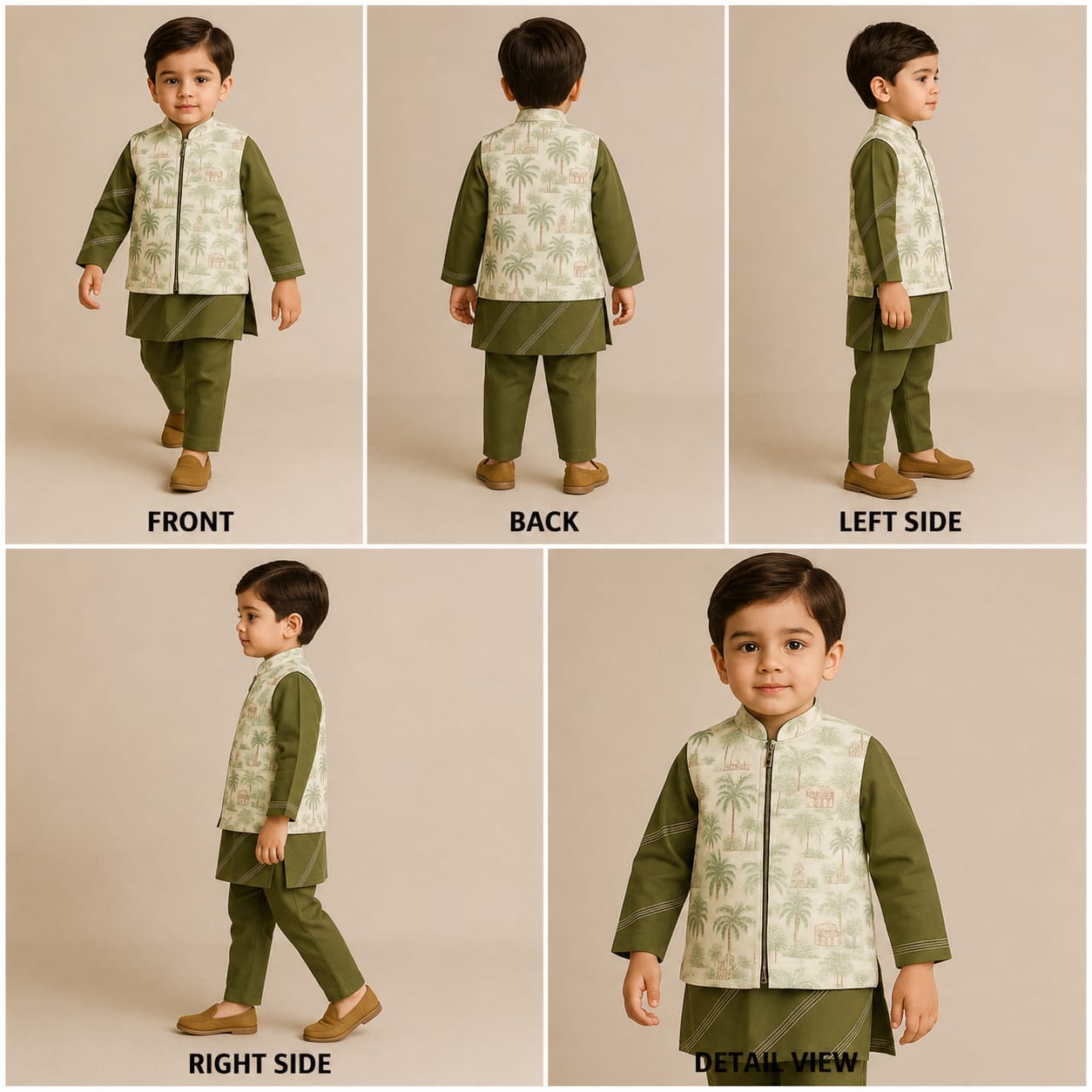 Pre Order: Green Kurta And Printed Jacket With Pyjama