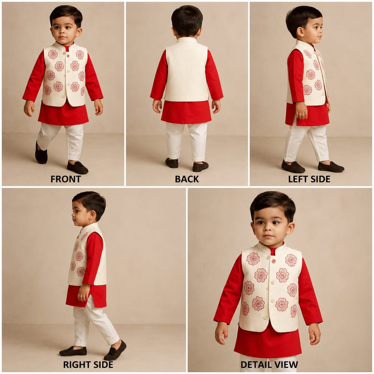 Pre Order: Red Kurta With Embroidered Front Open Jacket And Pyjama