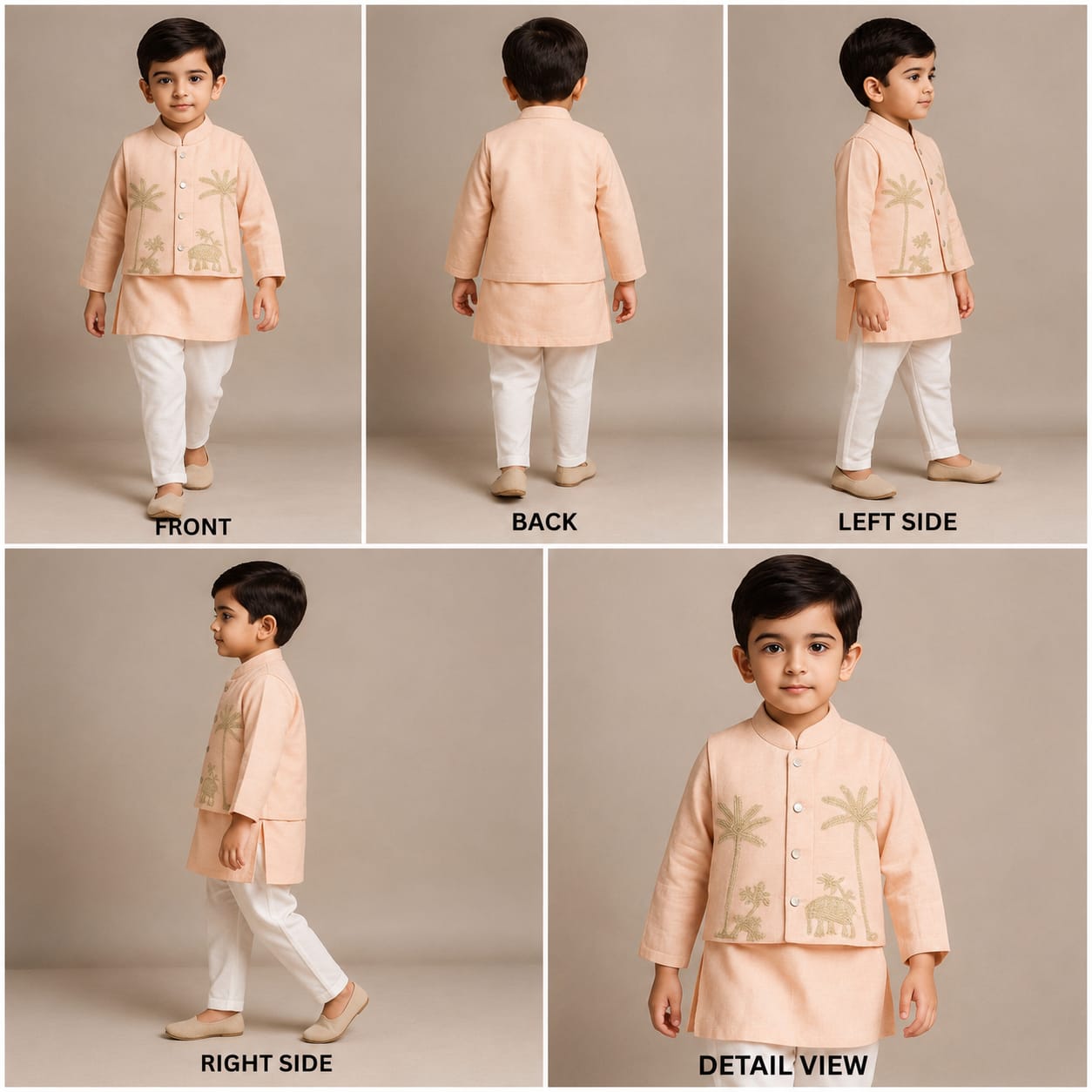 Pre Order: Peach Kurta And Jungle Theme Embroidered Jacket With Pyjama