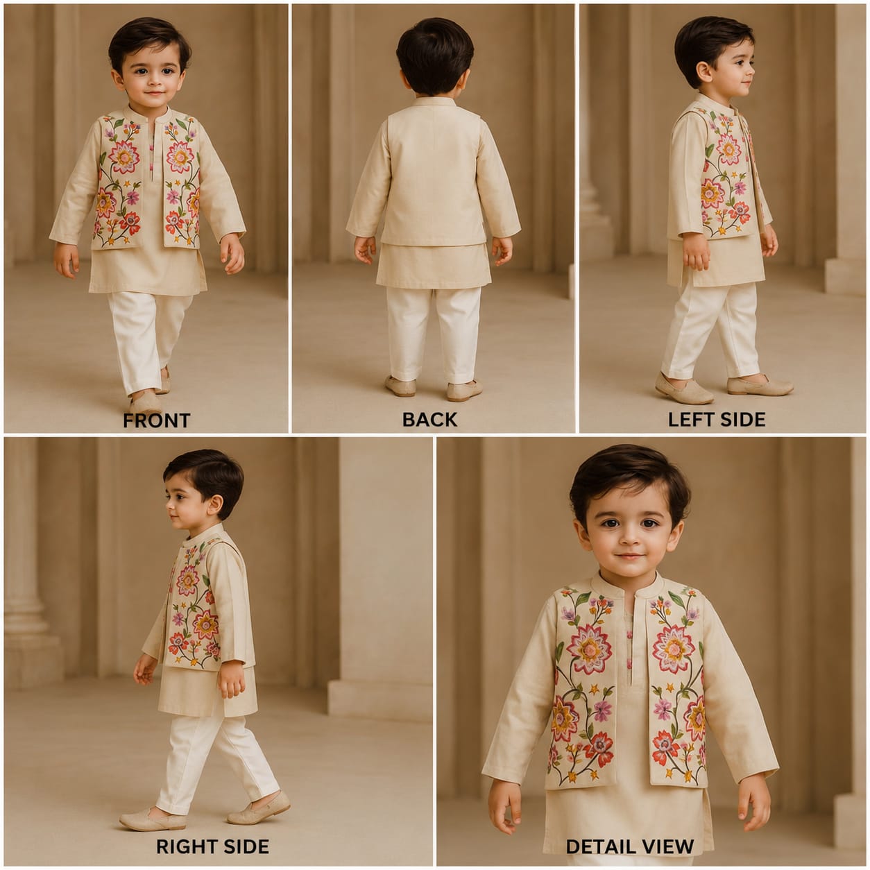 Pre Order: Beige Kurta And Embroidered Front Open Jacket With Pyjama