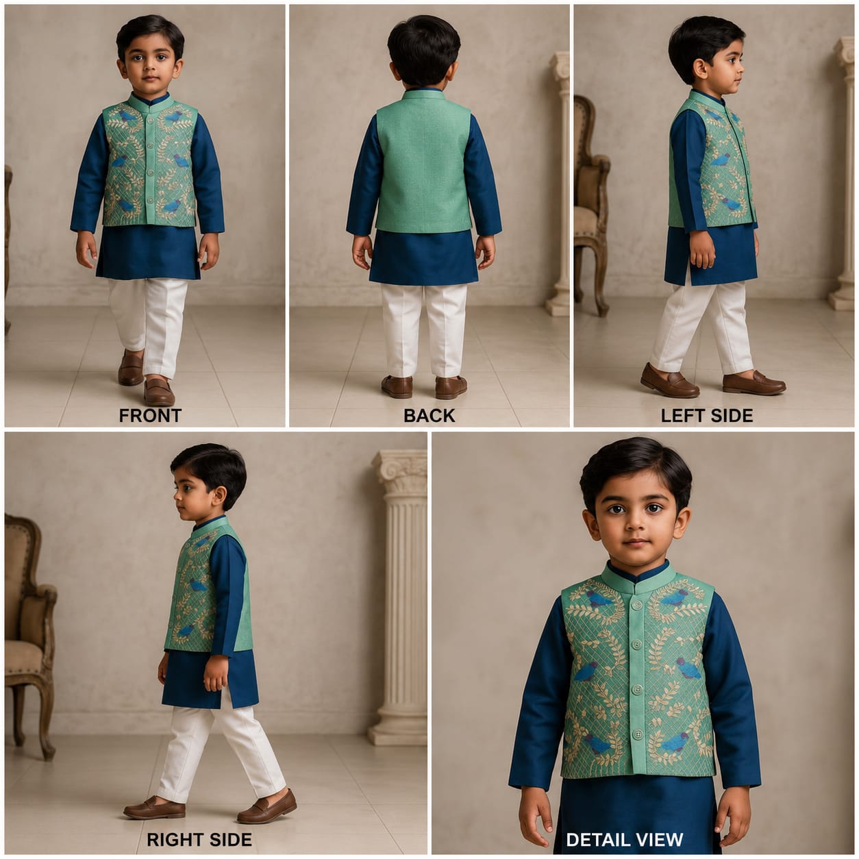 Pre Order: Blue Kurta With Bird Embroidered Green Jacket And Pyjama