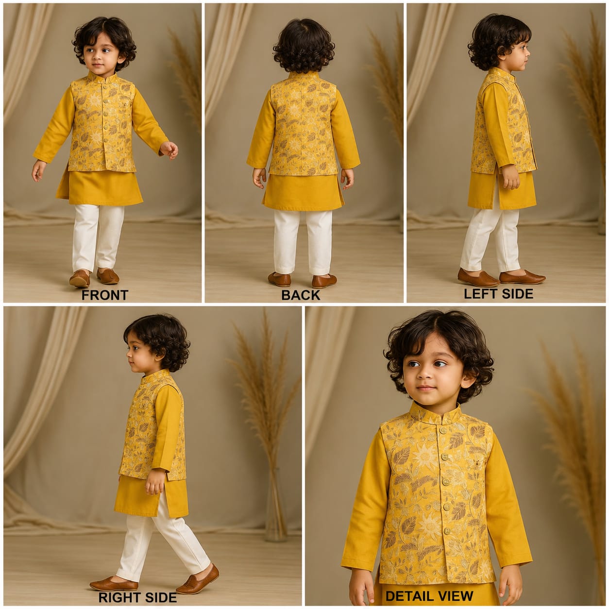 Pre Order: Mustard Kurta With Floral Printed Jacket And Pyjama