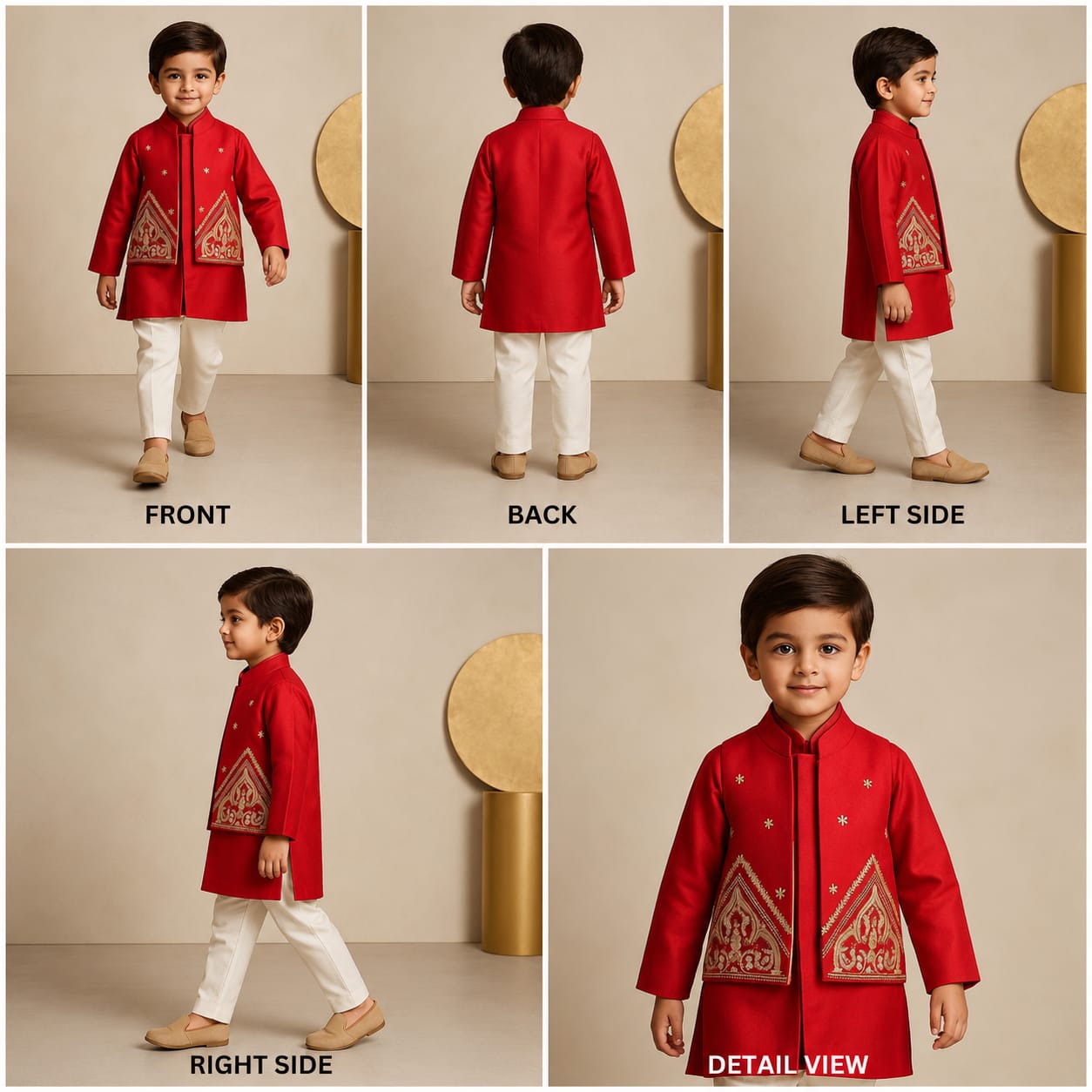 Pre Order: Red Kurta With Front Open Embroidered Jacket And Churidar
