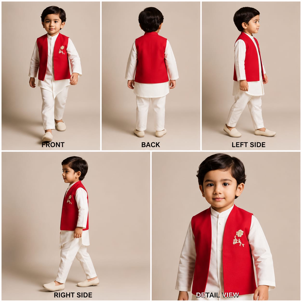 Pre Order: Asymmetric Kurta With Lotus Patchwork Red Jacket And Pyjama