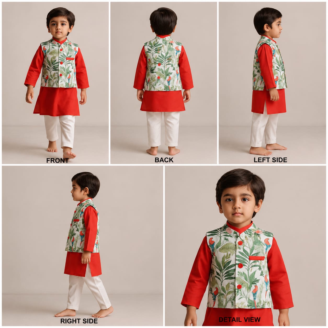 Pre Order: Red Kurta With Jungle Theme Printed Jacket And Pyjama