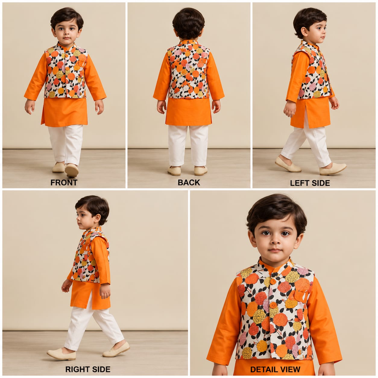 Pre Order: Orange Kurta And Multicolour Jacket With Pyjama